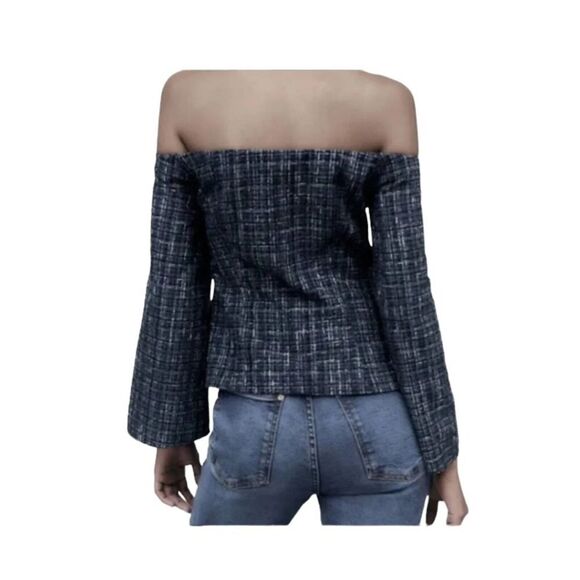 ZARA Navy Tweed Off Shoulder 3/4 Bell Sleeve Cropped Top Blouse Size Small NEW - Picture 4 of 10